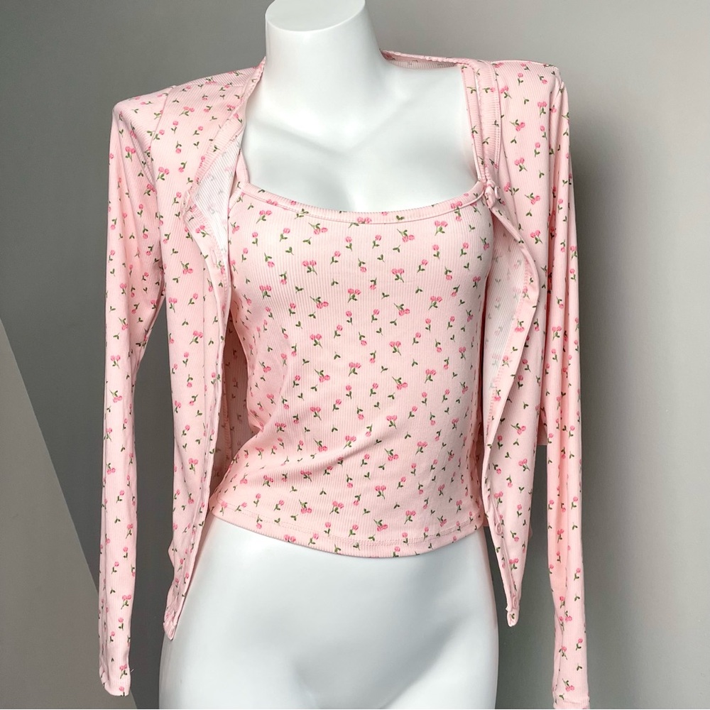 Pink Floral Tank Top and Cardigan Set